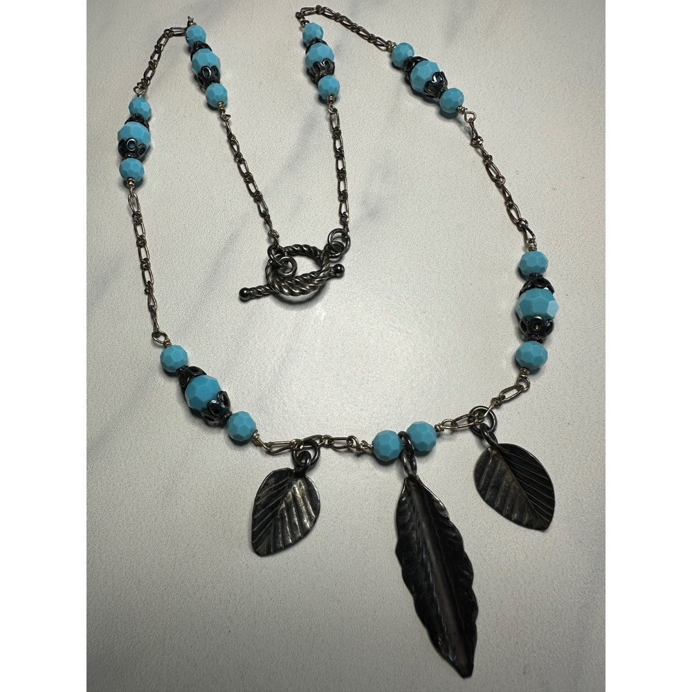 Sterling Silver Leaf Charm Necklace Turquoise Blue Beaded Toggle Clasp 20.5in